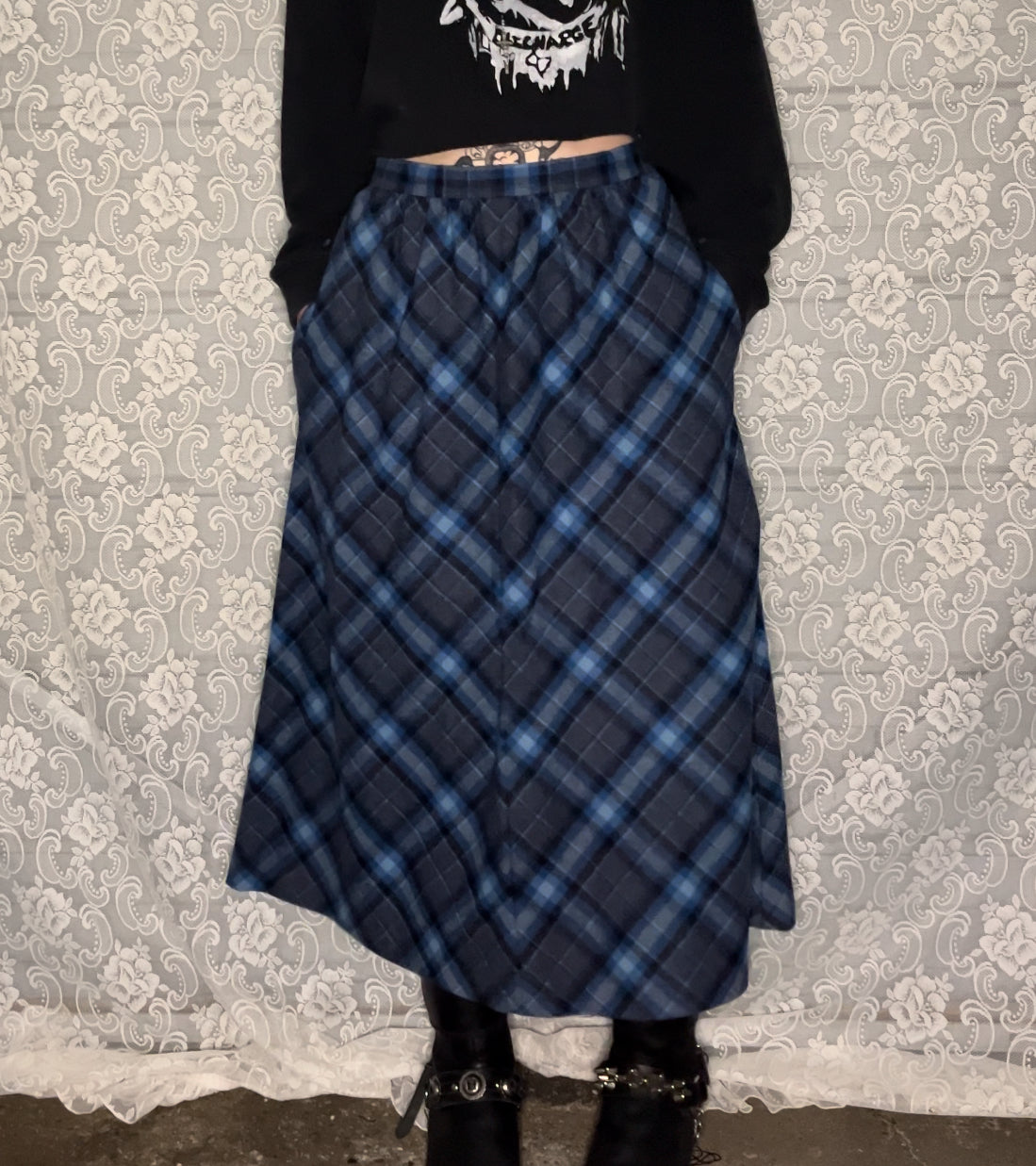 vintage blue wool plaid skirt