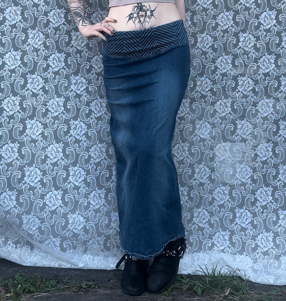 90s denim maxi skirt w/ lace up back