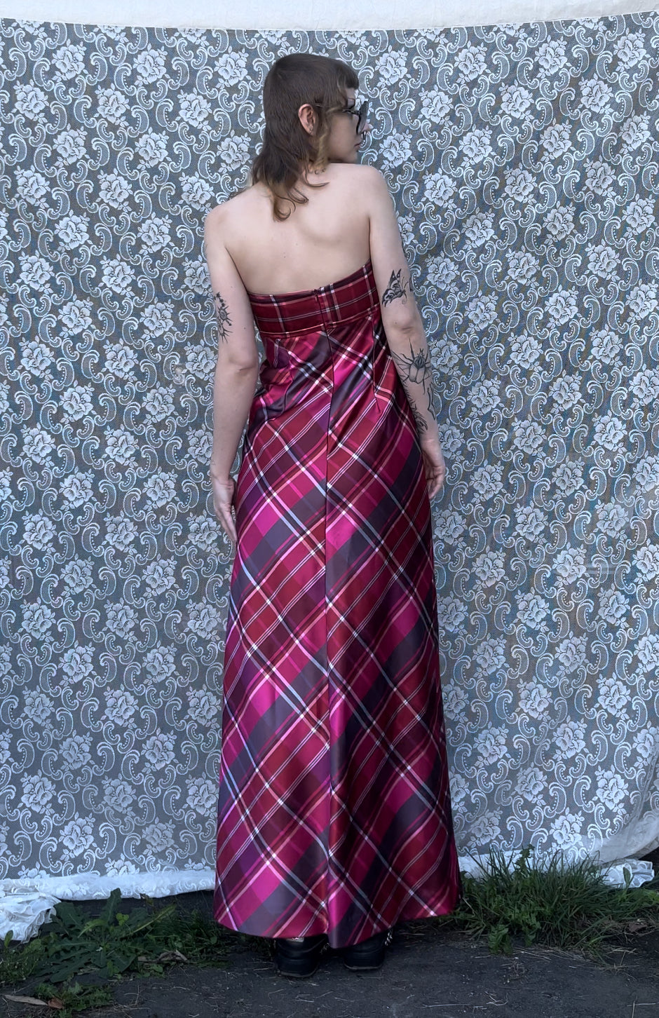 y2k hot pink plaid print strapless formal dress