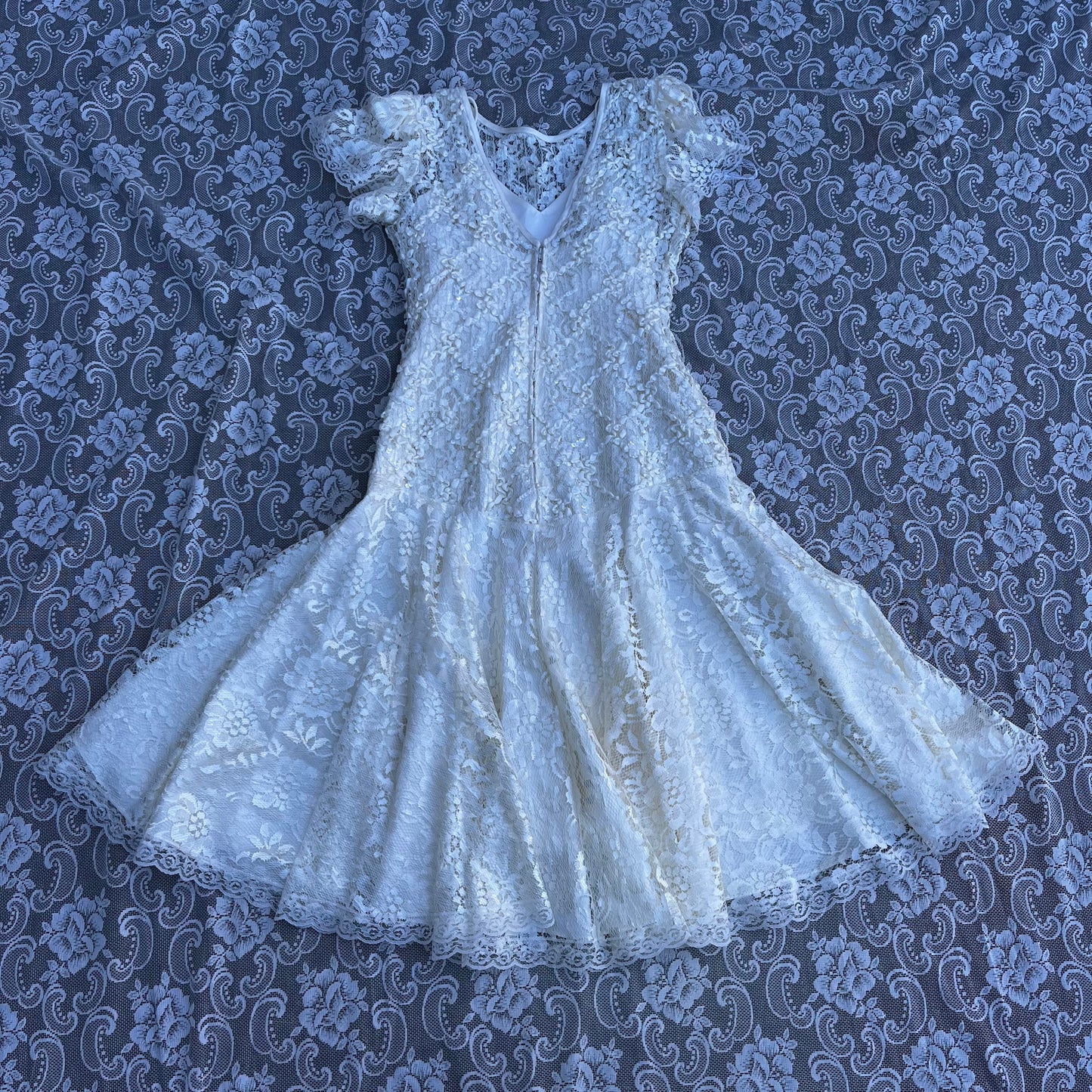 80s made in USA white lace drop waist formal dress