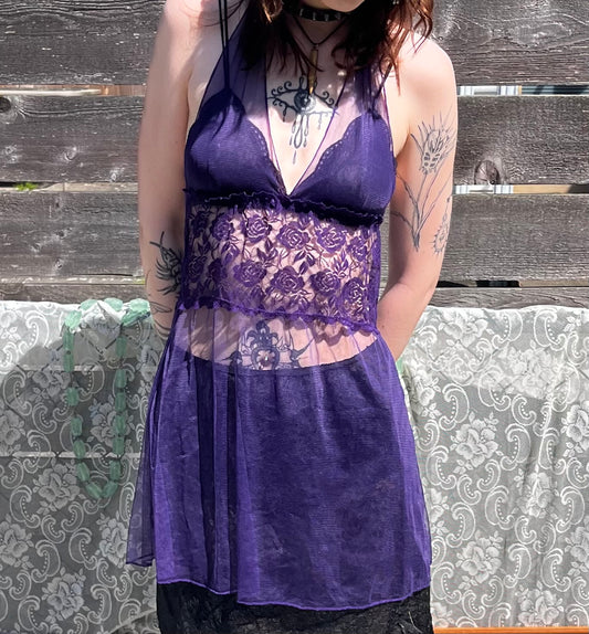 sheer purple mesh slip dress