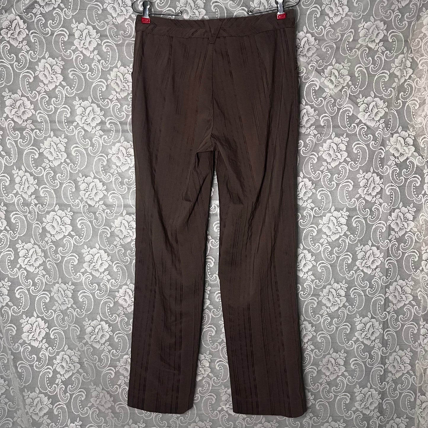 greyish brown pinstripe trouser pants