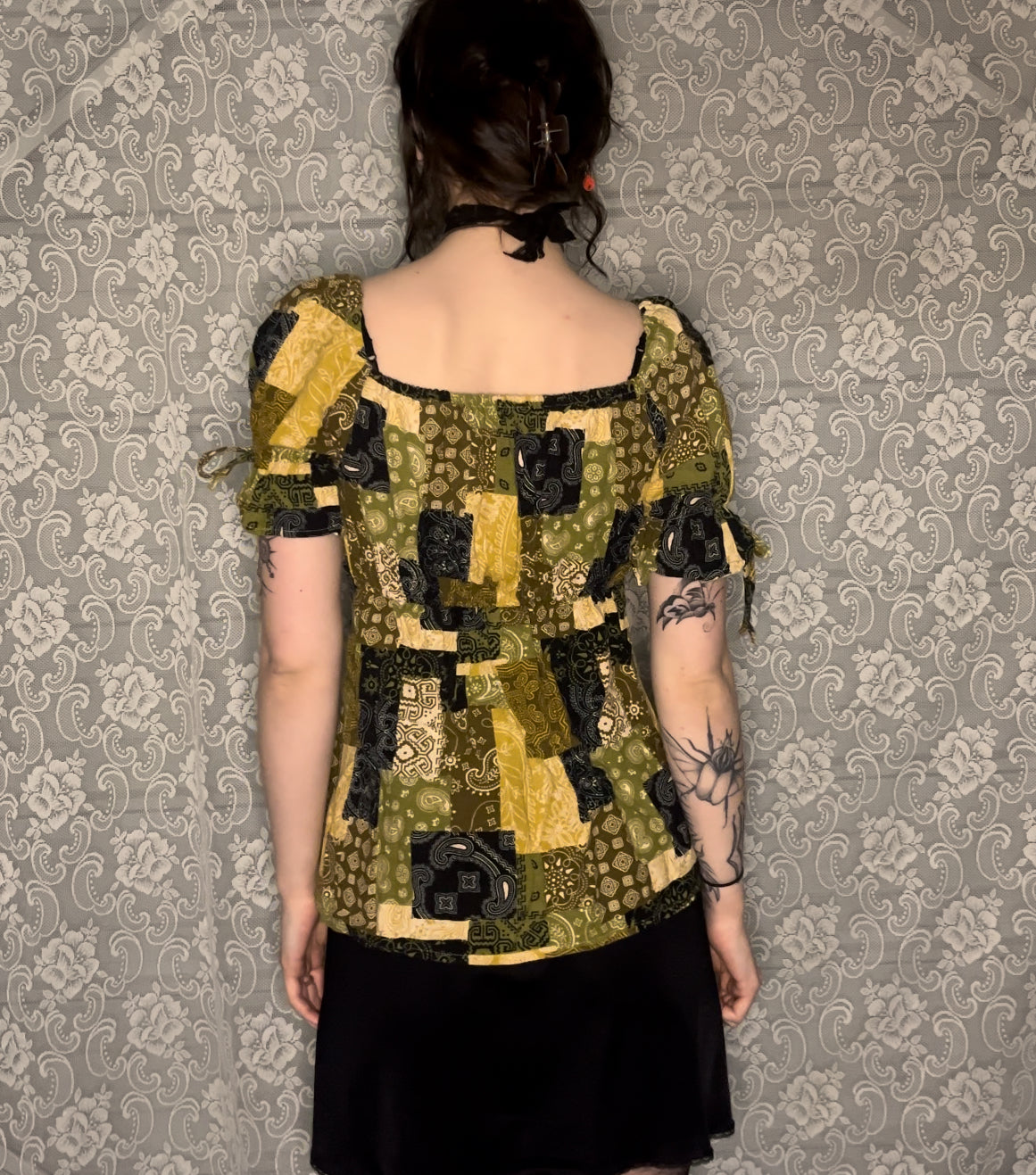 green patchwork blouse