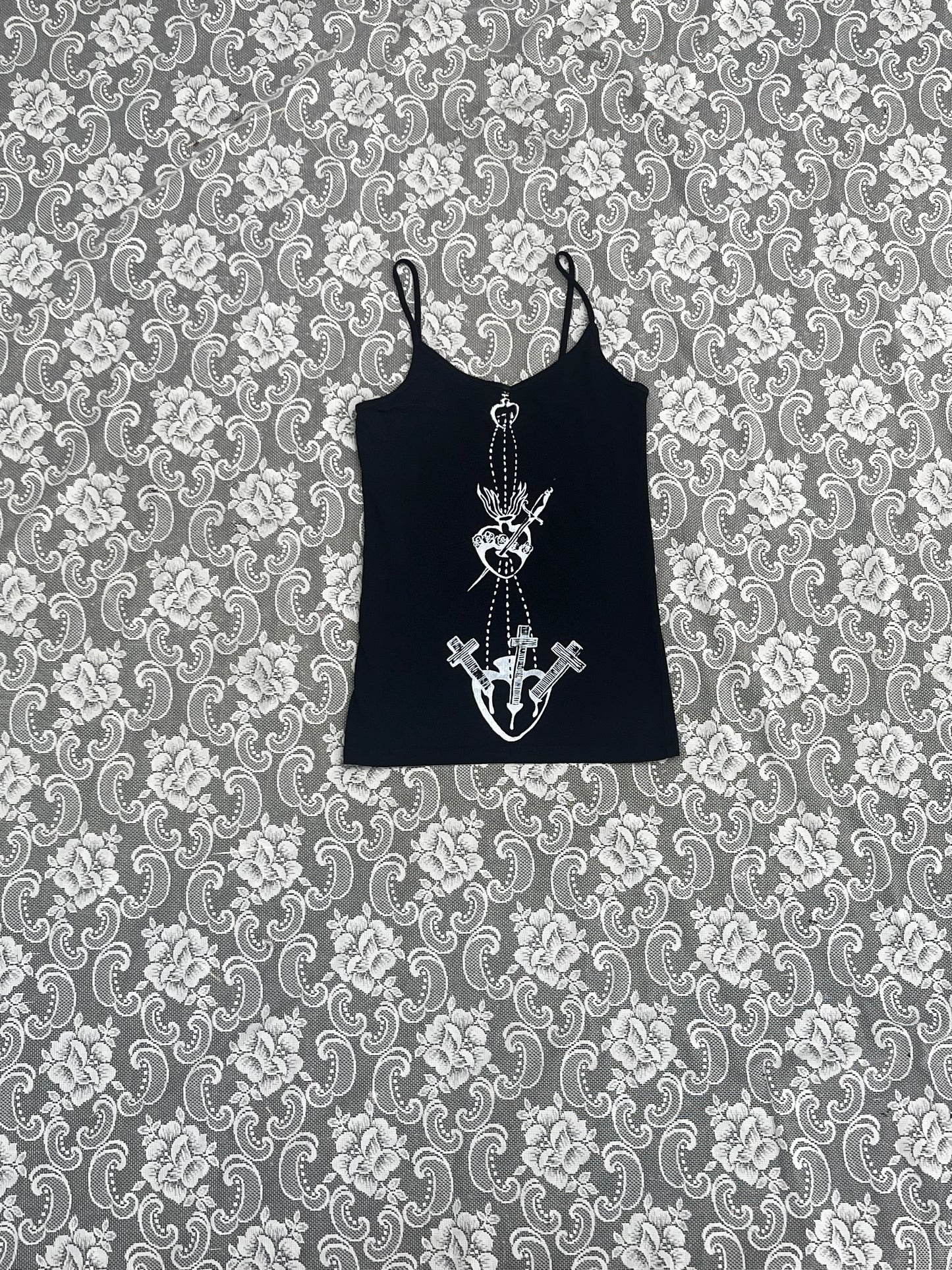 black sweetheart spaghetti strap screenprinted sacred heart tank top